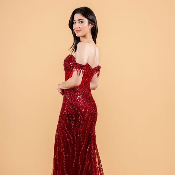 New Elegant Off Shoulder Tulle Dress w/ Beads Embroidery & Sheer Bodice GL3620 - Picture 14 of 15